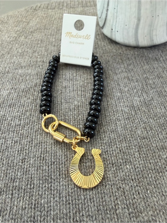 Madewell Accessories - Madewell Black Semiprecious Stone Horseshoe Bag Charm Gold Beaded Bracelet NWT